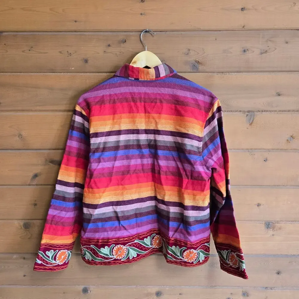 Vintage Rainbow Striped Jacket Y2K Serape Button Up Shacket Boho Southwestern S
